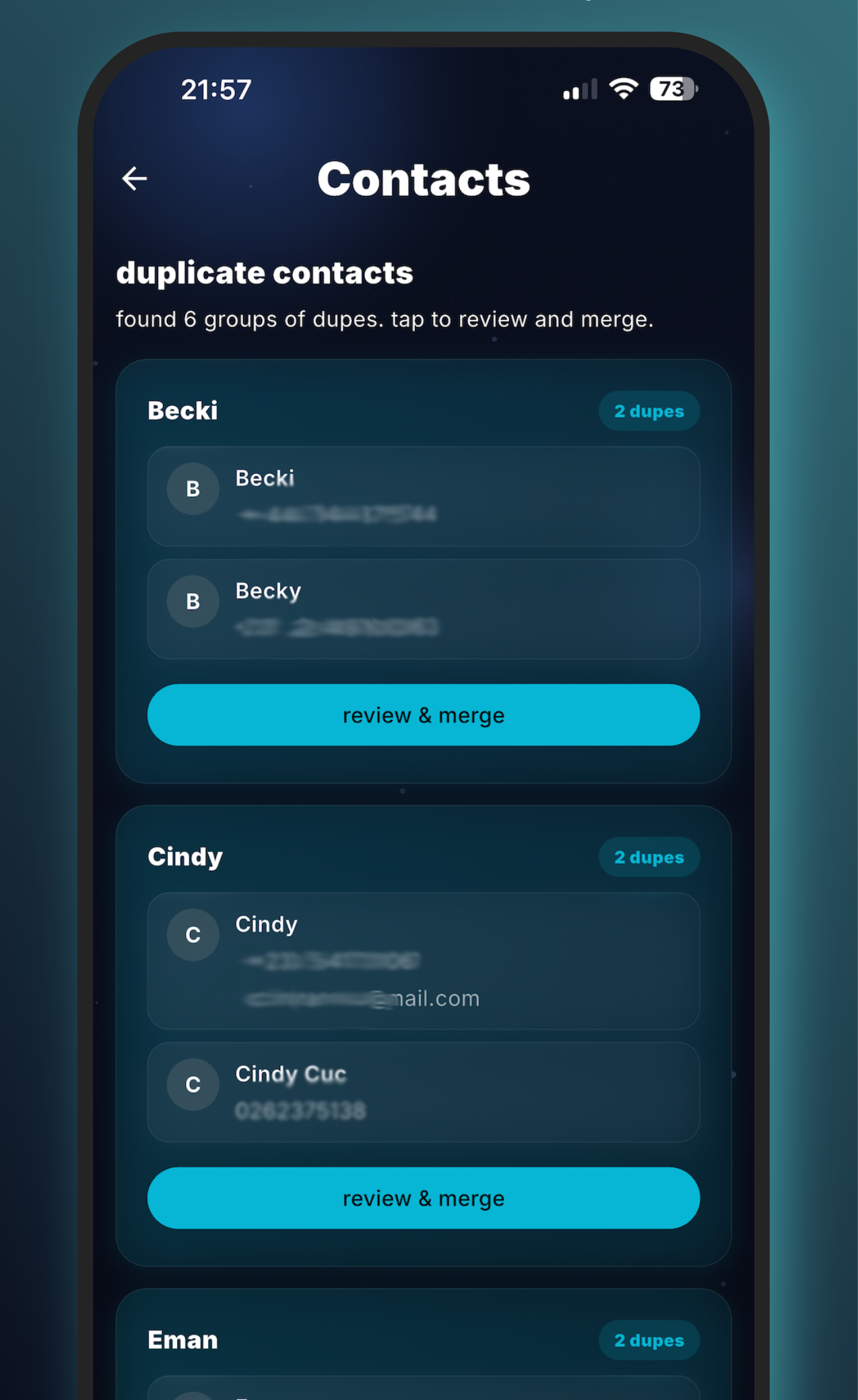 MemeScanr contacts cleanup screen showing duplicate group cards