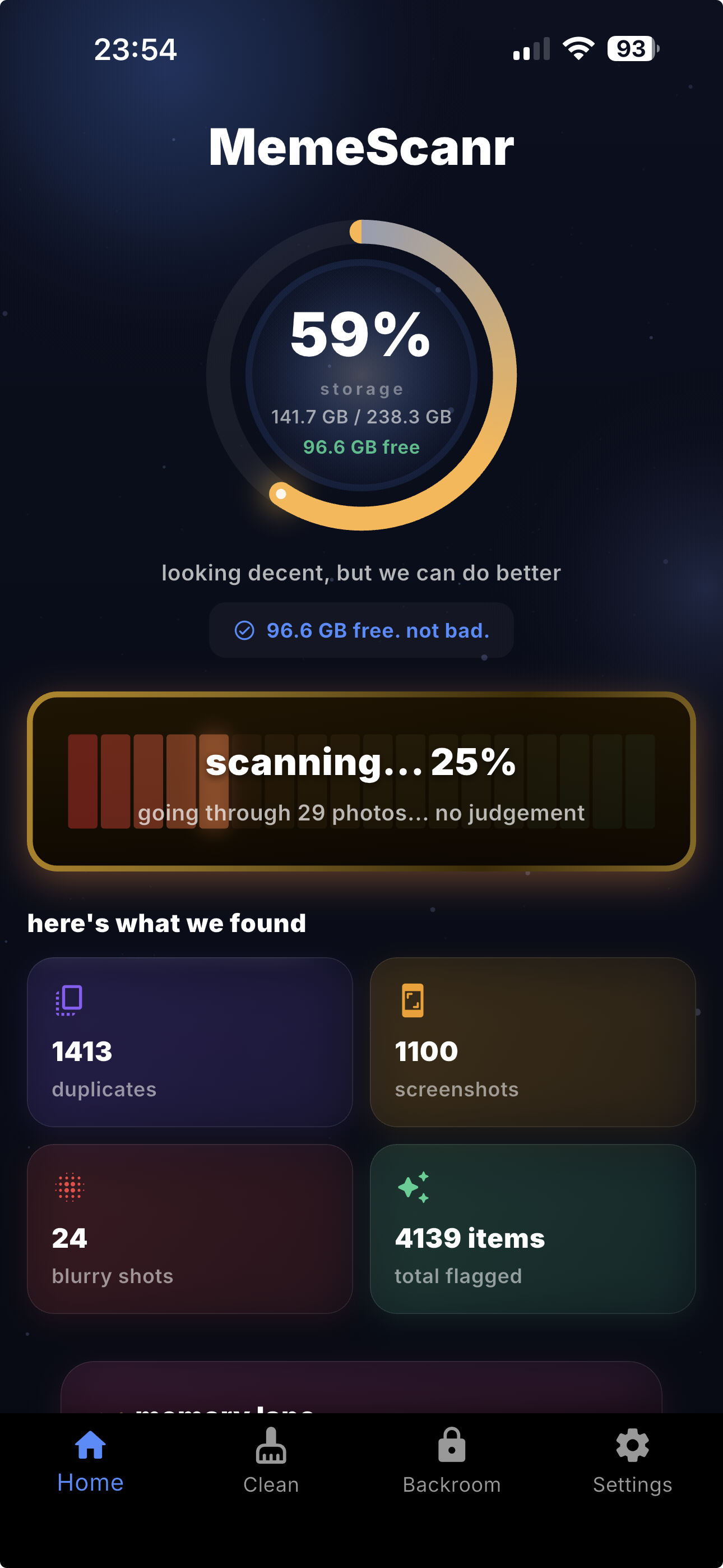 MemeScanr home screen showing the storage orb, quick stats grid, and gold scan CTA button
